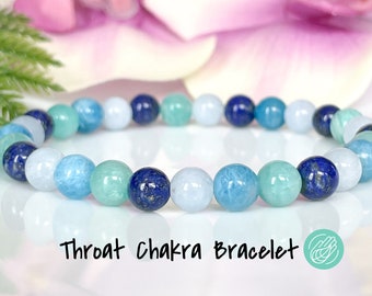 Throat Chakra Bracelet 6mm, Blue Gemstone Bracelet, Lapis Lazuli, Aquamarine, Blue Apatite, Amazonite, Jewelry for Truth & Communication