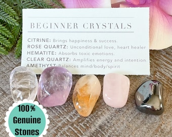 Crystal Set for Beginners, 5 Piece Natural Gemstone Starter Kit, Healing Stones, Rose Quartz, Amethyst, Clear Quartz, Citrine, Hematite