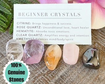 Crystal Set for Beginners, 5 Piece Natural Gemstone Starter Kit, Healing Stones, Rose Quartz, Amethyst, Clear Quartz, Citrine, Hematite