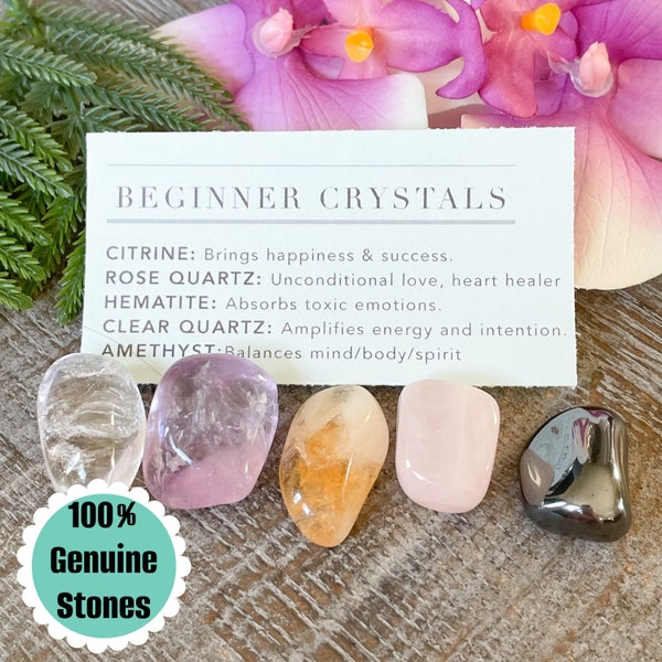 Crystal Set for Beginners, 5 Piece Natural Gemstone Starter Kit, Healing Stones, Rose Quartz, Amethyst, Clear Quartz, Citrine, Hematite