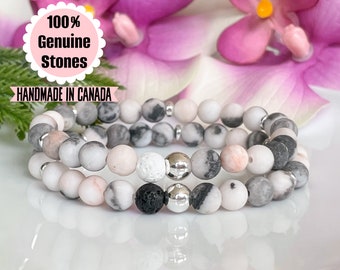 Anxiety Support Gemstone Bracelet, Lava Stone Essential Oil Diffuser Bracelet, Healing Crystals Mala, Silver Beaded Bracelet for Women