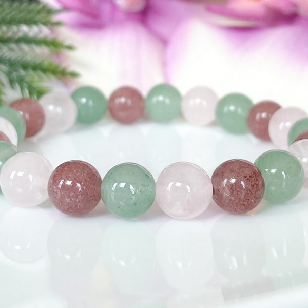 Rose Quartz, Green Aventurine and Strawberry Quartz Gemstone Bracelet, Healing Crystals Bracelet, Jewelry for Love, Opening the Heart Chakra