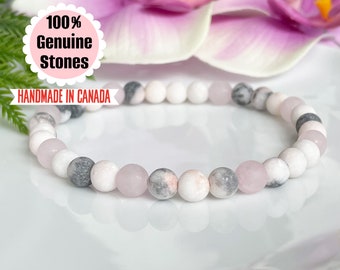 Rose Quartz and Pink Zebra Jasper Gemstone Bracelet, Beaded Bracelet for Women, Healing Crystals Mala Bracelet, Minimalist Yoga Jewelry