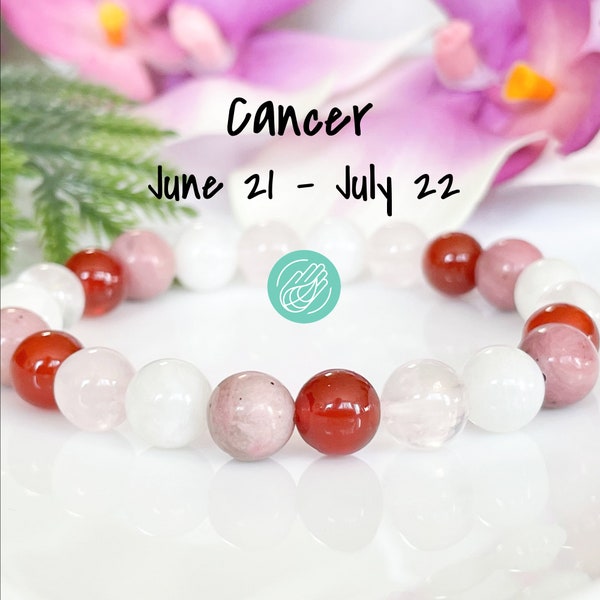 Cancer Zodiac Gemstone Bracelet, Moonstone, Rose Quartz, Carnelian, Pink Rhodonite, Healing Crystals Jewelry, July Birthstone, Cancer Gifts