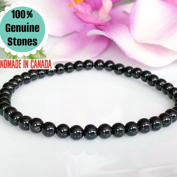 Black Tourmaline Bracelet 4mm, EMF Protection Bracelet, Dainty Gemstone Bracelet, Healing Crystals Mala Bracelet, Beaded Bracelet Men Women