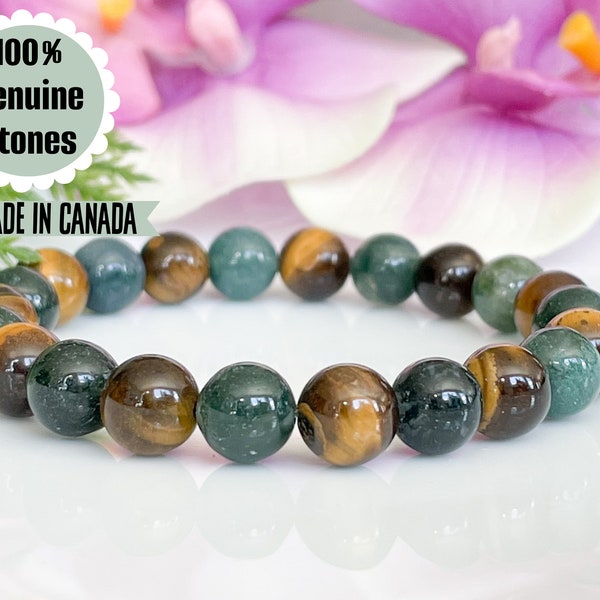 Green Moss Agate and Tigers Eye Gemstone Bracelet, Beaded Bracelet for Men Women, Healing Crystals for Luck, Abundance, Protection & Balance