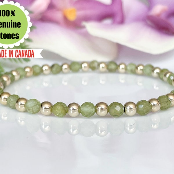 Genuine Peridot Gemstone Bracelet, 4mm Peridot & 14K Gold Dainty Bracelet, August Birthstone Jewelry, Women's Stretch Bracelet