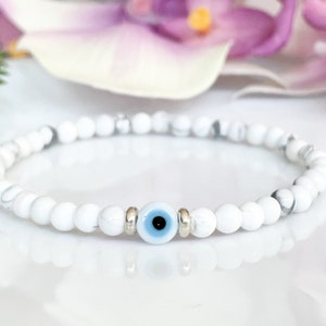 White Howlite Evil Eye Gemstone Bracelet Silver, Minimalist Protection Bracelet, Stacking Bracelet for Anxiety Relief, Small Beaded Bracelet