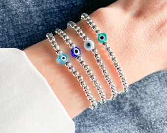 Dainty Silver Evil Eye Beaded Bracelet, Minimalist Protection Bracelet, Simple Stacking Bracelet for Women, Four colours to choose from