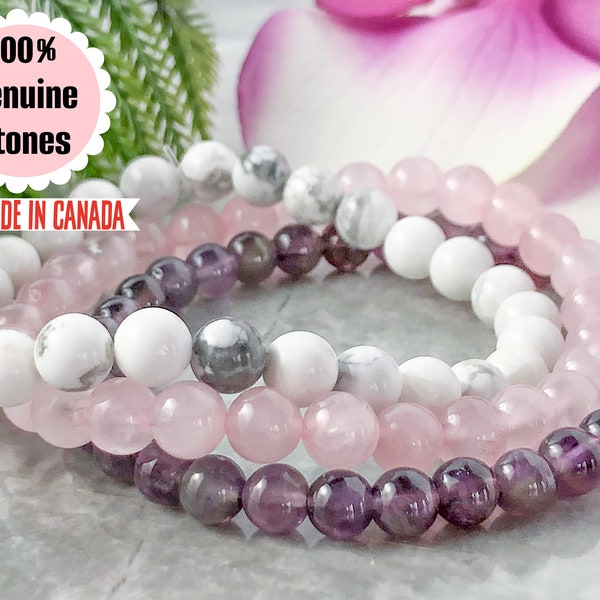 Anxiety Relief Gemstone Bracelet Set, Rose Quartz Amethyst Howlite Healing Crystals, Calming Protection Bracelet, Crystal Jewelry