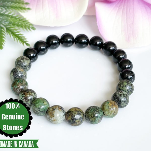 Black Tourmaline & African Turquoise Gemstone Bracelet, Healing Crystals Beaded Bracelet, Mala Bracelet for Confidence and Protection