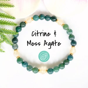 6mm Citrine and Green Moss Agate Bracelet, Healing Crystals Gemstone Bracelet, Beaded Mala Bracelet for Prosperity, Wealth and Manifestation