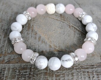 Rose Quartz Essential Oil Diffuser Bracelet, Stress Relief Lava Bead Bracelet, Howlite Healing Crystals Bracelet, Inspirational Womens Gift