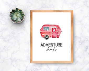 Adventure Awaits Red Watercolor Camper Trailer Printable