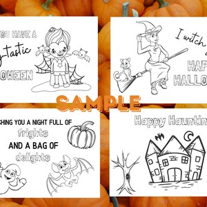 Página de cartão postal de Halloween DOWNLOAD INSTANTÂNEO - Bruxa - Fantasma - Abóbora - Pinte seus próprios cartões postais divertidos, para imprimir, cartões postais para colorir