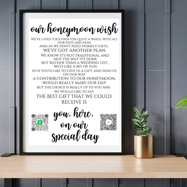 Honeymoon Fund Digital Sign  | QR Code Cash Registry | Wedding | Editable sign |  Scan to Follow Printable | Wedding Gift Sign