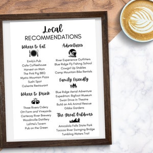 May include: A black and white printable poster with the title "Local Recommendations" and lists of places to eat, drink, and things to do in the area. The poster includes icons for each category.