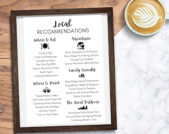 Host Recommendations Sign | Local Sign | Editable sign | Property Management | Airbnb Printable | Airbnb Host Help