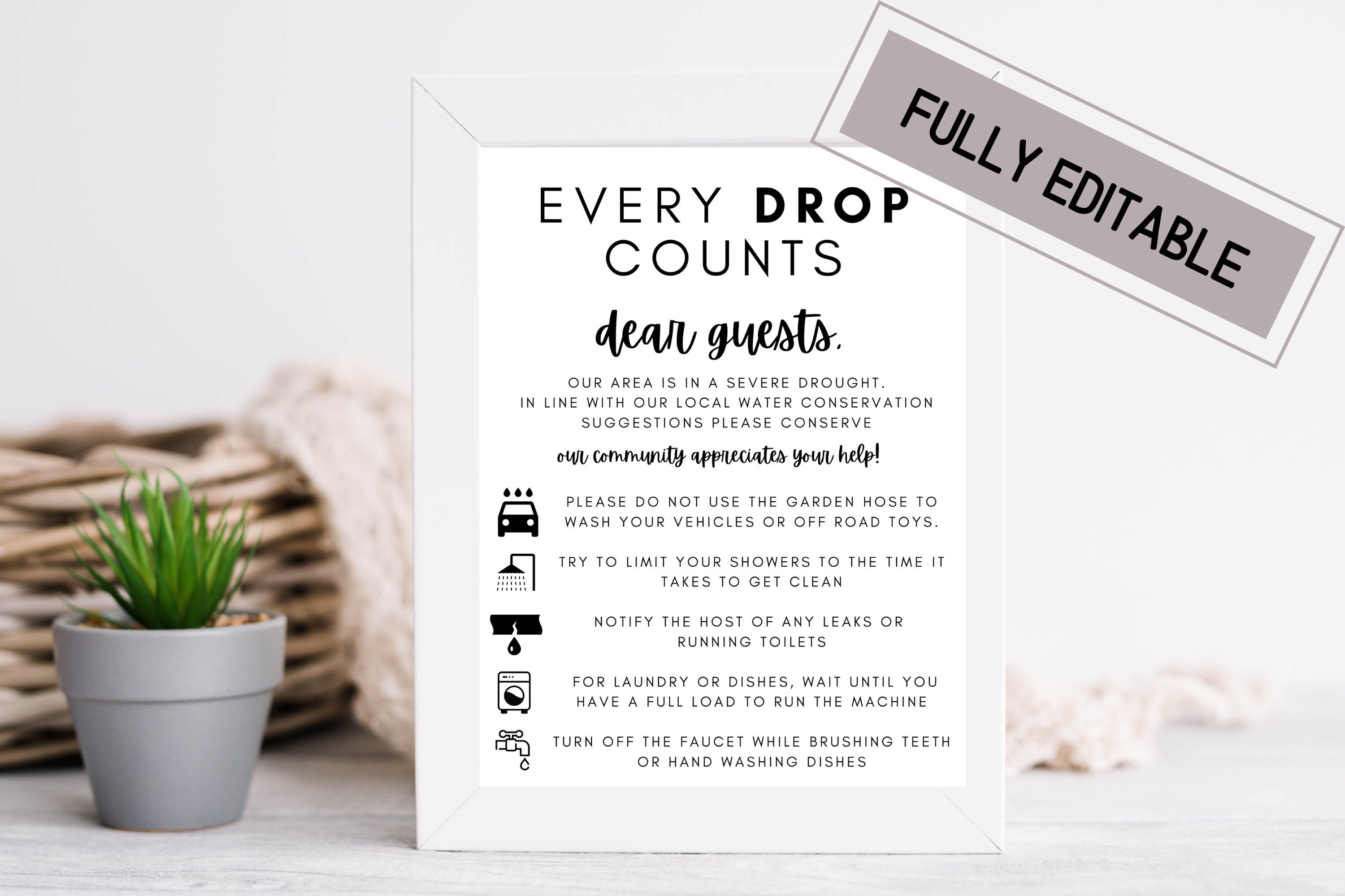 Airbnb Conserve Water Sign Every Drop Counts Sign Editable Sign Drought