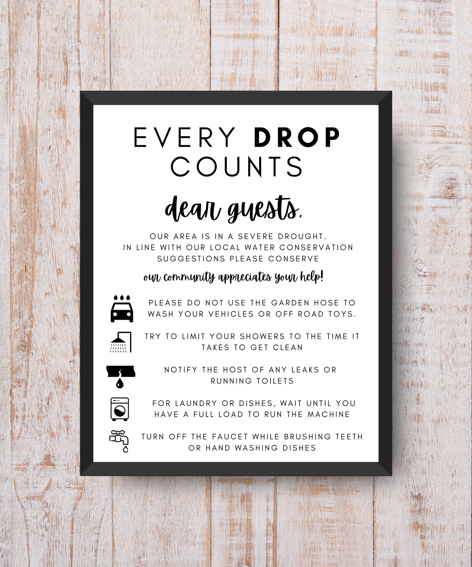 Airbnb Conserve Water Sign: Every Drop Counts Printable (editable) - Etsy