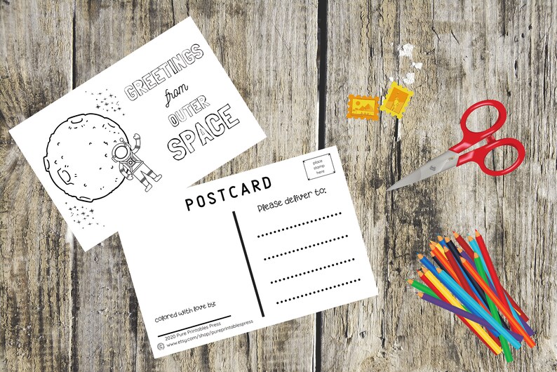 Outer Space Coloring Postcards: Rocket, Astronaut, Planets (printable ...