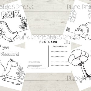 INSTANT DOWNLOAD Postcard Page - Dinosaur Color your own fun Postcards, printable, Coloring Postcards