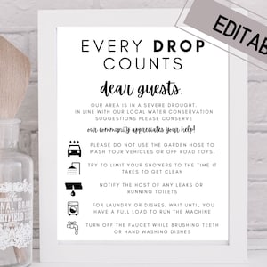 Airbnb Conserve Water Sign: Every Drop Counts Printable (Editable)