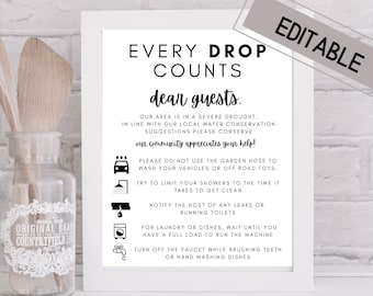 May include: A printable sign with the text "Every Drop Counts" and a message to guests asking them to conserve water during a drought. The sign includes a list of water conservation tips, such as limiting showers and not using a hose to wash vehicles.