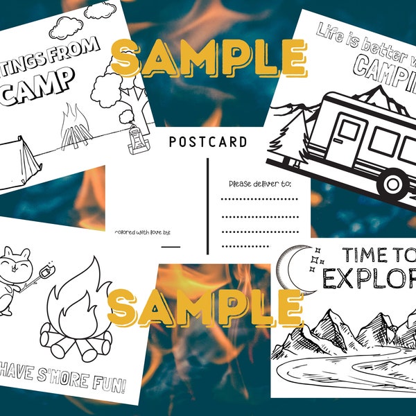 Camping Postcard Pages INSTANT DOWNLOAD   - Set of Four - Color your own fun Postcards, printable, Coloring Postcards