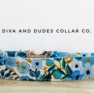 Floral Dog Collar, Blue Roses, Custom made with Rifle Paper Co. English Garden Mini Blue, #787