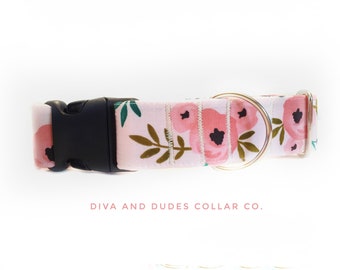 Summer Dog Collar - Coral Dog Collar, Flower Collar, Rose Dog Collar, Nickel Buckle Collar, Girl Dog Collar