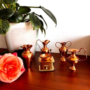 May include: A selection of miniature copper ornaments, including vases, jugs, and a coffee grinder, are displayed on a wooden surface. A vibrant orange rose and a potted plant with green leaves are in the background.