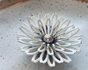 Vintage Sarah Coventry Enamel Flower Brooch • White & Silver‑Tone Layered Petals • 2.75”