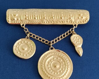Vintage GIVENCHY Strukturierte Gold Brosche, Designer baumeln Medaillons