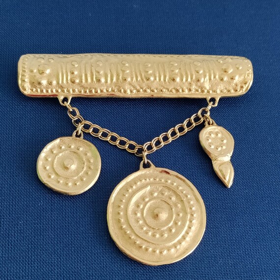 Vintage GIVENCHY Textured Gold Brooch, Designer Dangle Medallions