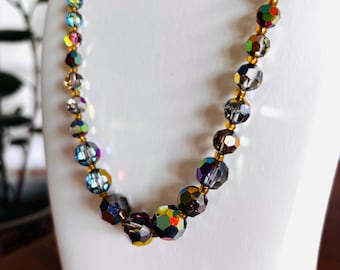 Vintage Crystal Aurora Borealis Necklace Iridescent Beads -  22”