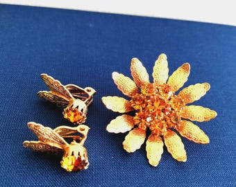 Vintage Set Floral Brooch & Clip-On Earrings MCM