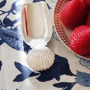 May include: A silver serving spoon with a shell-shaped handle. The spoon is next to a plate of fresh red strawberries. The background is a blue and white floral pattern.