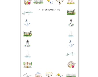 Newport, RI Favorites Personalized Notepad | Oysters, Tennis Hall of Fame, Lighthouse, Mansions Watercolor Illustration | 40 Sheets