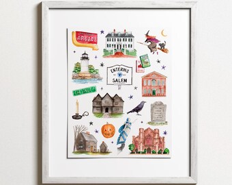 Salem Favorites Watercolor Print | Massachusetts, Spooky, Witchy, Magic, New England Fall Watercolor, Cozy Halloween Illustration Stationery