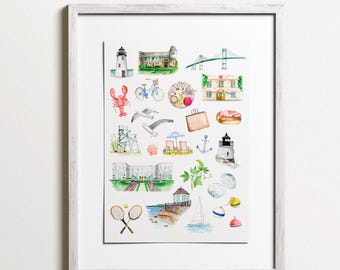 Newport Favorites Watercolor Print | Rhode Island Gift, Oysters, Tennis Hall of Fame, Lighthouse, Sailing, Mansions Watercolor Stationery