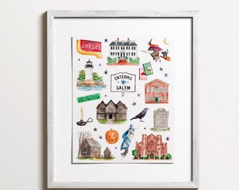 Salem Favorites Watercolor Print | Massachusetts, Spooky, Witchy, Magic, New England Fall Watercolor, Cozy Halloween Illustration Stationery
