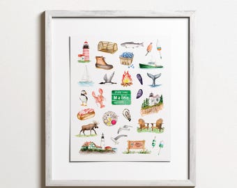Maine Favorites Art Print | Downeast, Vacationland, New England Watercolor Illustration, Lighthouse, Oyster, Loon, Moose, Lobster Watercolor