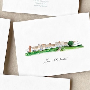 May include: White stationery with a watercolor illustration of a house on a green hill. The date "June 21, 2025" is handwritten below the image. Additional stationery pieces are visible.