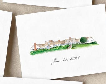 Notas de agradecimiento de Eastward Ho (juegos de 10), arte de acuarela personalizable, lugar de celebración de bodas