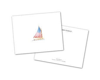 Tarjetas personalizadas con diseño de velero y bandera estadounidense - Juegos de papelería personalizables en acuarela