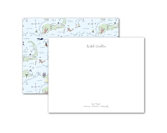 Personalized Notecards, Cape and Islands Map - Customizable Watercolor Stationery Sets