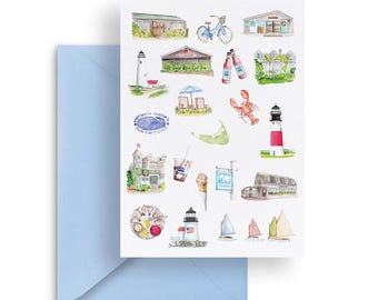 Tarjetas de notas A7 favoritas de Nantucket / tarjetas en blanco, ilustraciones de Nantucket, tarjetas de felicitación de acuarela