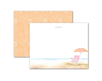 Tarjetas personalizadas, Silla de playa rosa y naranja - Juegos de papelería personalizables con acuarela