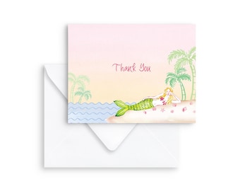 Mermaid Thank You Note | Hand-painted Island Watercolor, Ombre Pink and Yellow, Beachy, Seashell, Tropical Illustration | Blank Notecards
